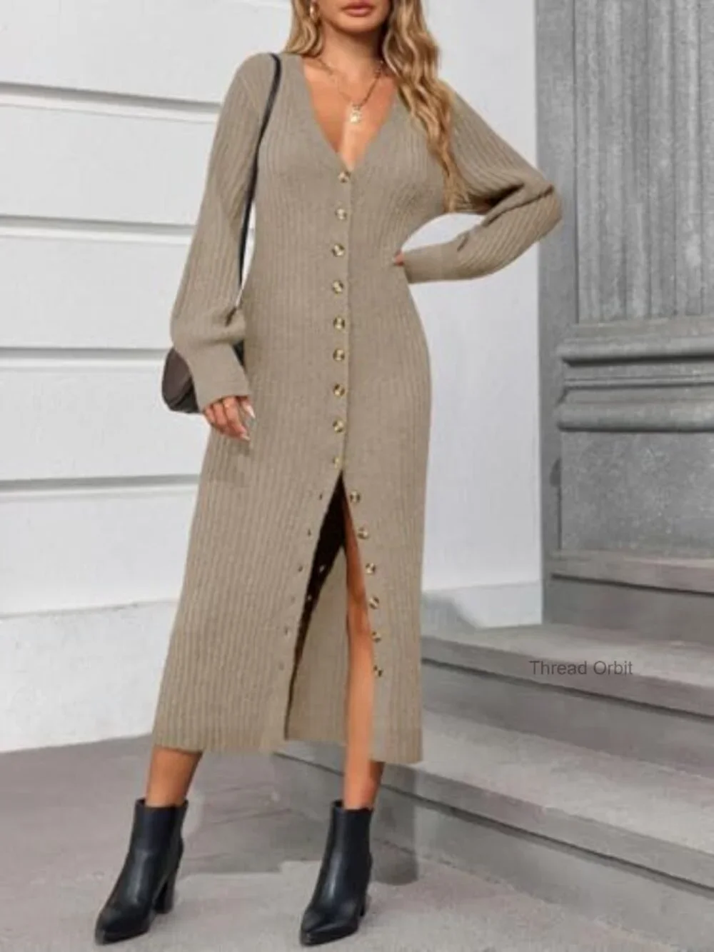 V Neck Button Down Chunky Knit Duster Sweater Coat Maxi Cardigan - Picture 5 of 7